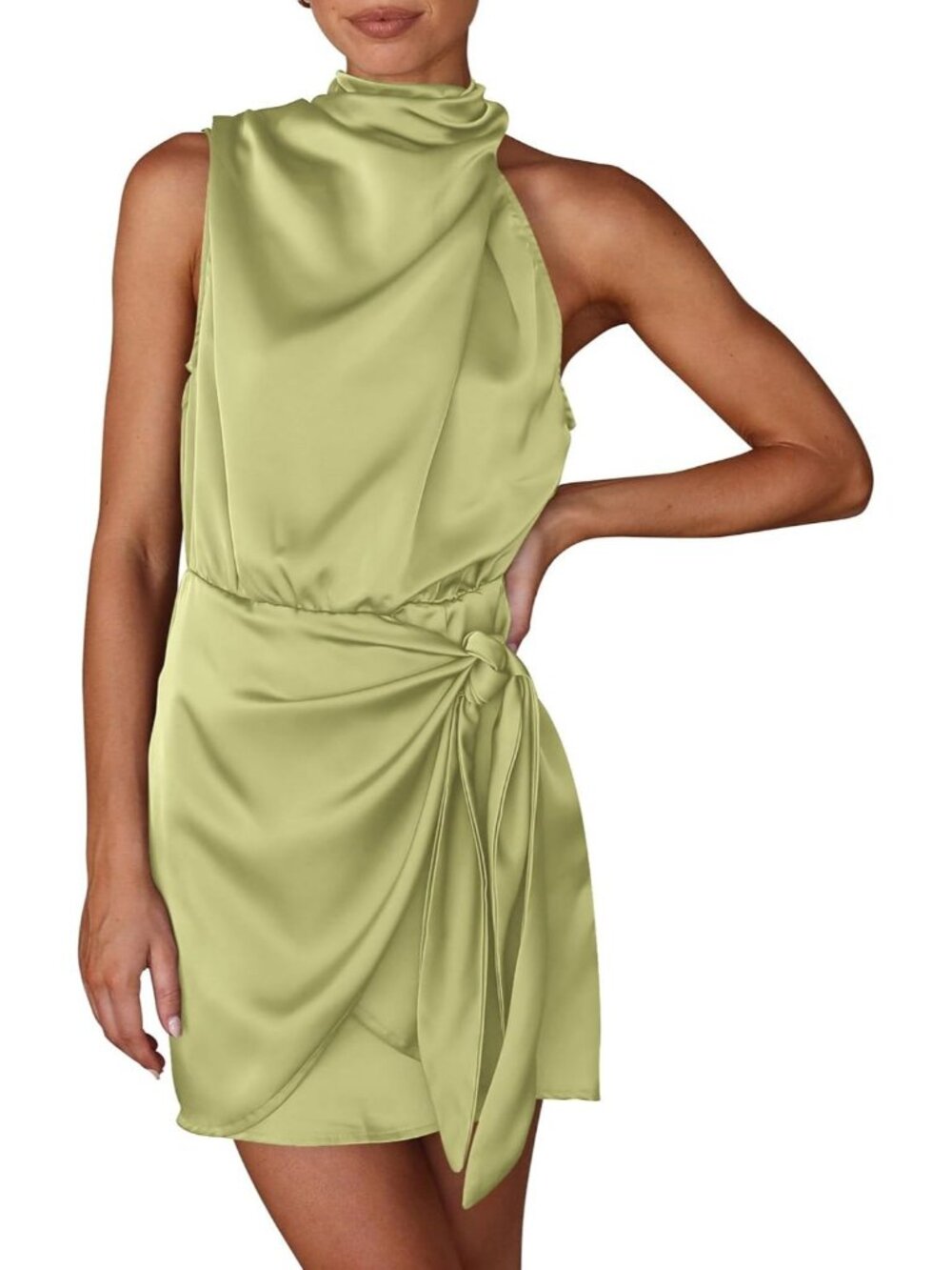 Women's Tender Green Sleeveless Mock Neck Formal Satin Tie Waist Tank Top Dress